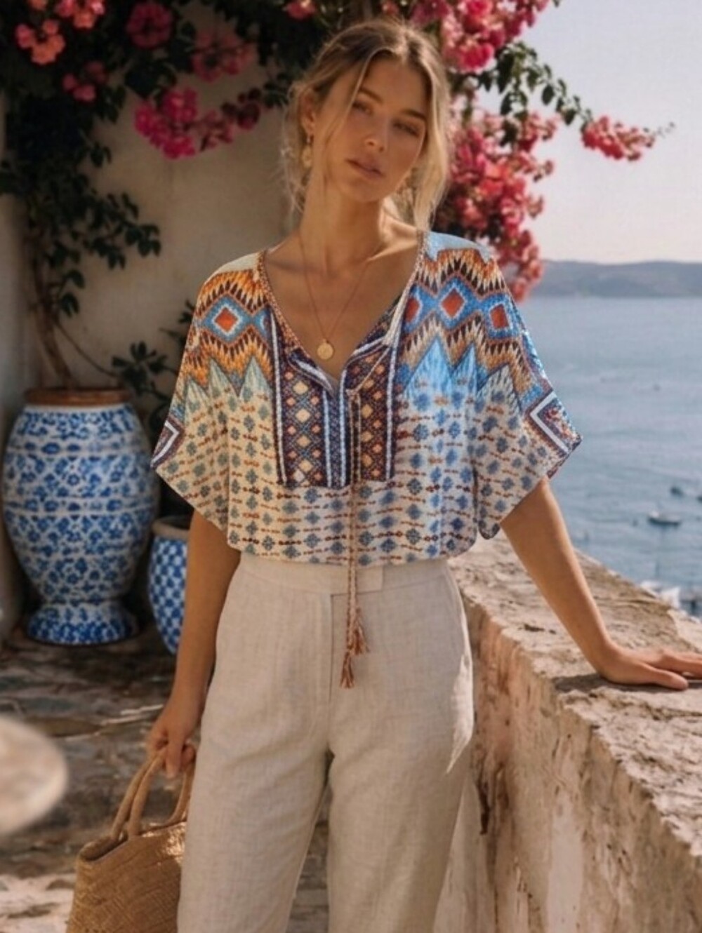 Hannah Aztec-Print V-Neck Tunic in White, Orange & Blue